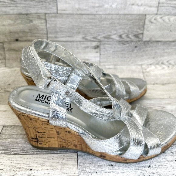 MICHAEL Michael Kors Girls Youth Silver Open Toe Cork Wedged Heel Sandals Size 3 - Picture 7 of 9